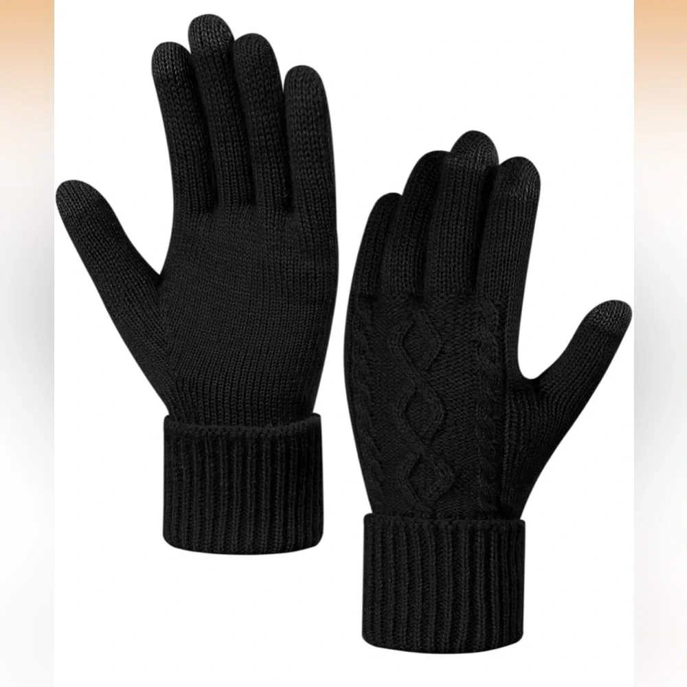 Black fleece lined knit touch screen gloves